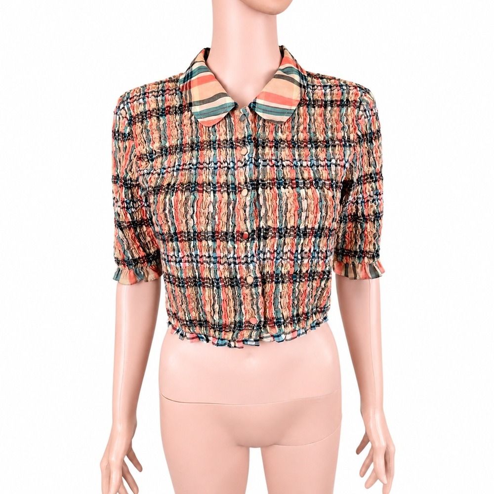 Ulla Johnson Jules Top Size 4 Plaid Silk Cotton Smocked Cropped Blouse